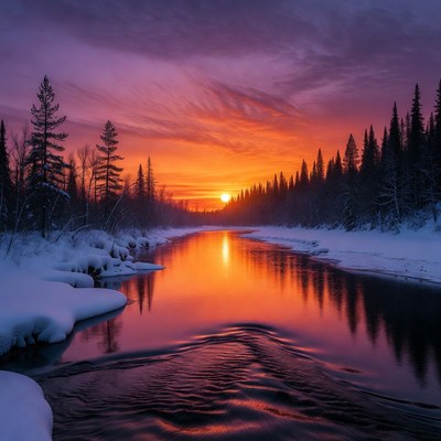 Sunset over snowy river in forest