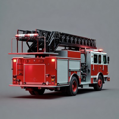 Red Fire Truck with Ladder Rear View