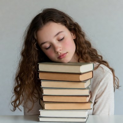 Girl sleeping on stack of books
