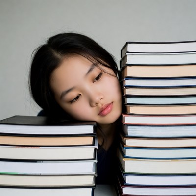 Asian girl resting head on books