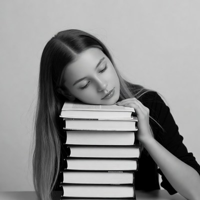 Girl sleeping on stack of books
