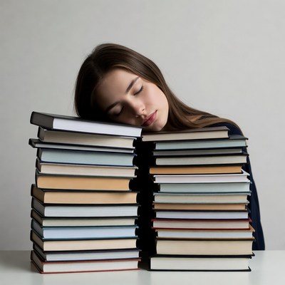 Woman sleeping on stack of books