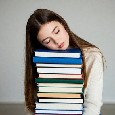 Girl sleeping on stack of books
