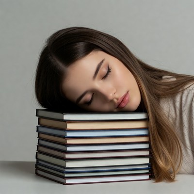 Woman sleeping on stack of books