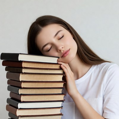 Young woman sleeping on stack of books