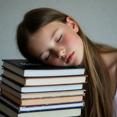 Girl sleeping on stack of books