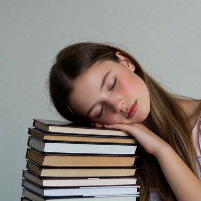 Girl sleeping on stack of books
