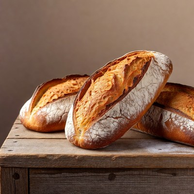 Three Fresh Baguettes on Wooden Surface