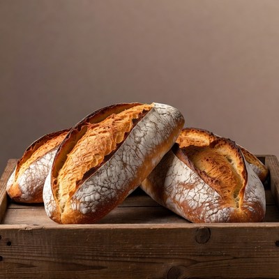 Fresh crusty baguettes in wooden crate