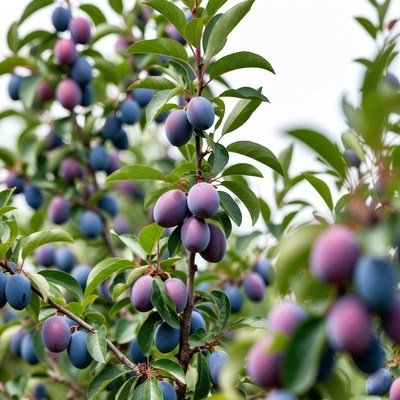 Plums on green leafy branch