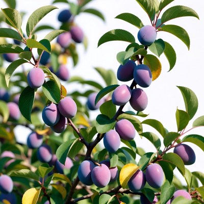 Plums on green leafy branch