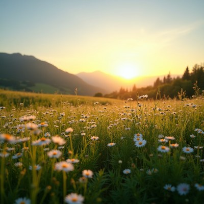 Daisy Field at Sunset with Mountains