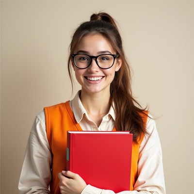 Smiling girl with red book and glasses