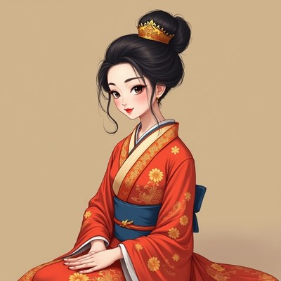 Asian woman in red kimono with crown