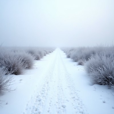 Snowy Path Through Frosted Bushes