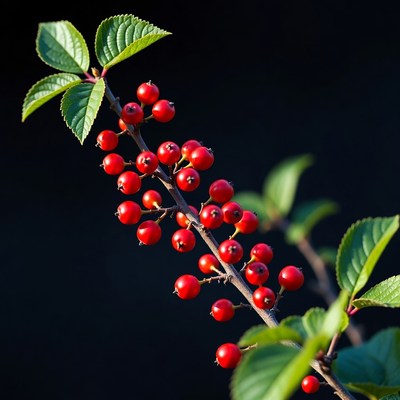 Red Berries on Green Leaves Branch