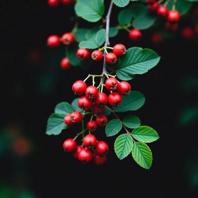 Red Berries on Green Leaves Branch