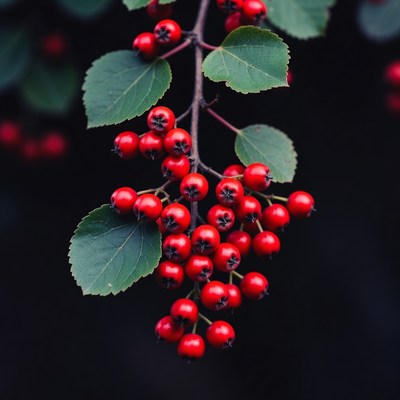 Red Berries on Green Leaves Branch