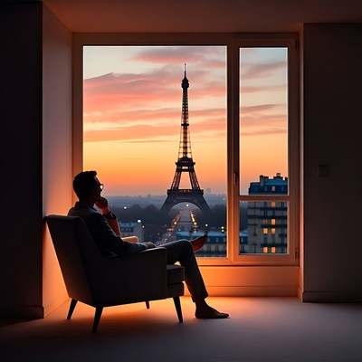 Man gazing at Eiffel Tower sunset