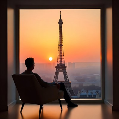 Man viewing Eiffel Tower sunset