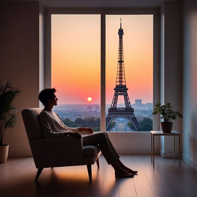 Man gazing at Eiffel Tower sunset