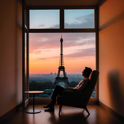 Man relaxing in chair with Eiffel Tower view