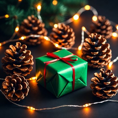 Green Gift Box with Pine Cones