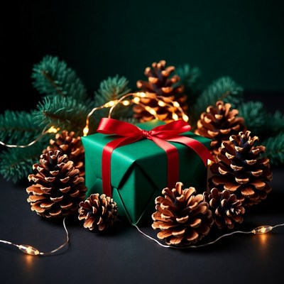 Green Gift Box with Pine Cones