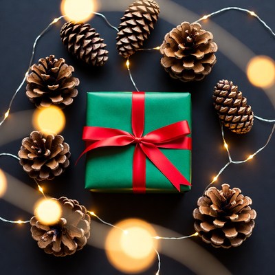 Green Gift Box with Pine Cones