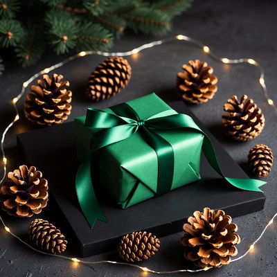 Green Gift Box with Pine Cones