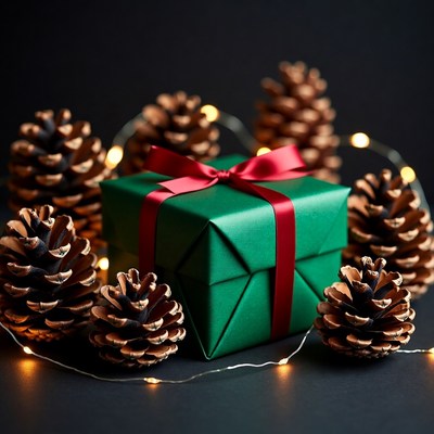 Green Gift Box with Pine Cones