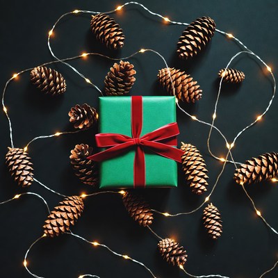 Green Gift Box with Pine Cones