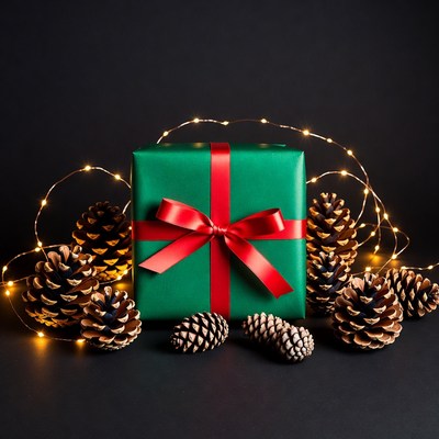 Green Wrapped Christmas Gift with Pine Cones