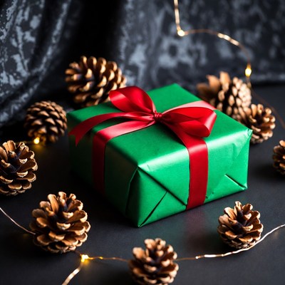 Green Christmas gift with pine cones