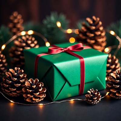 Green Wrapped Christmas Gift with Pine Cones