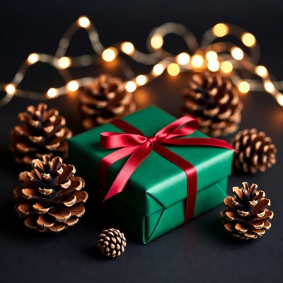 Green Christmas Gift with Pine Cones