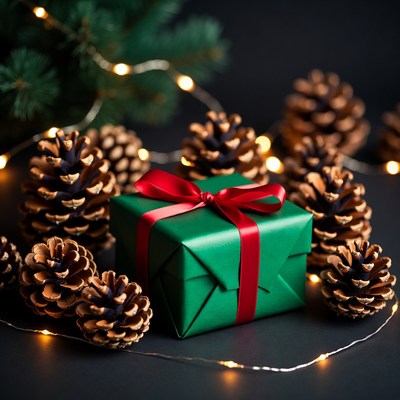 Green Gift Box with Pine Cones