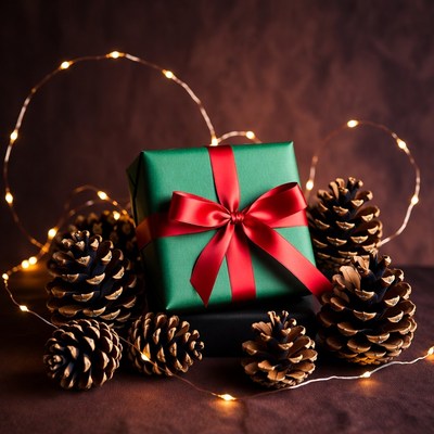 Green Christmas Gift with Pine Cones