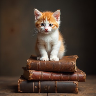 Orange kitten sitting on books
