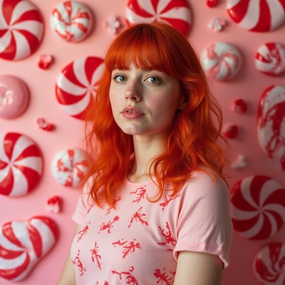 Redhead woman with candy backdrop