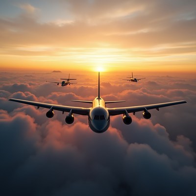 Airplanes Flying in Sunset Clouds
