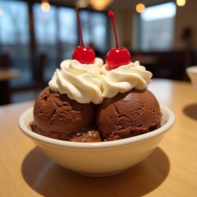 Chocolate Ice Cream with Whipped Cream and Cherries