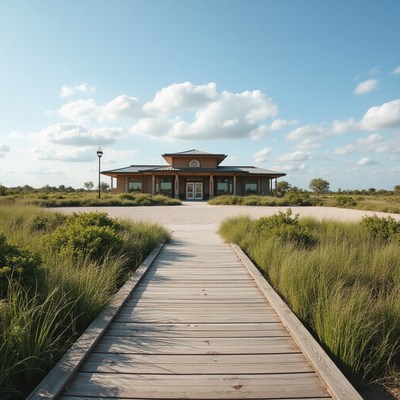 Boardwalk Leading to Wooden Coastal Building