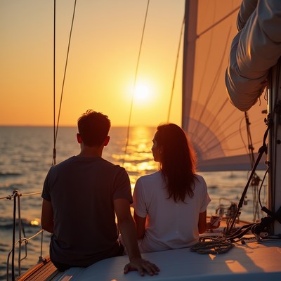 Couple watching sunset on sailboat