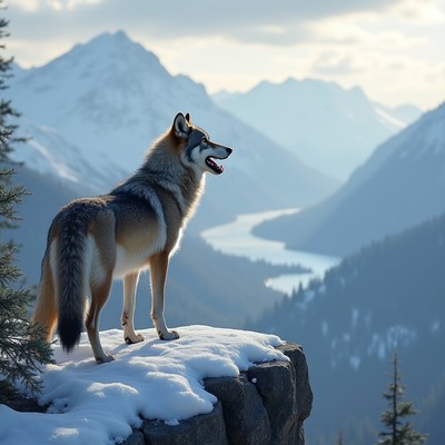 Wolf standing on snowy mountain cliff
