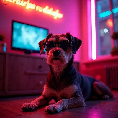 Dog wearing sunglasses in neon room