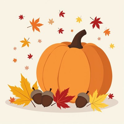 Pumpkin with Acorns and Autumn Leaves
