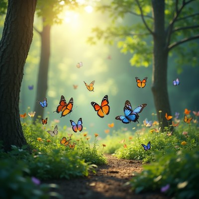 Colorful Butterflies Flying in Forest