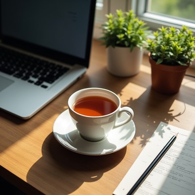 Cup of Tea on Wooden Desk