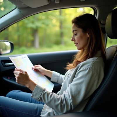 Woman reading map in car